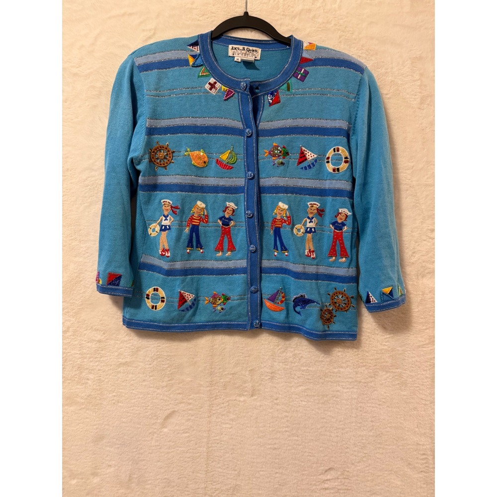 Jack B. Quick Vintage Nautical Sailor Cardigan Sweater Womens Medium Blue Beaded